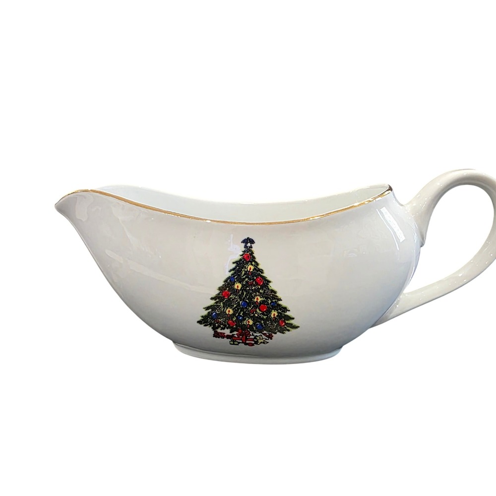 Trisa Porcelain Christmas Tree Gravy Boat‎ Gold Trim Holiday Dish Festive Decor